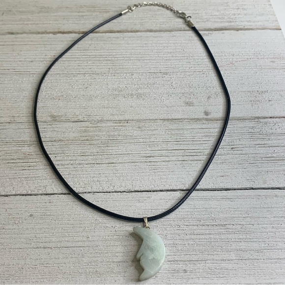 Amazonite Moon Face Pendant Necklace Carved Gemstone Crescent Moon Cord Chain - Picture 4 of 7